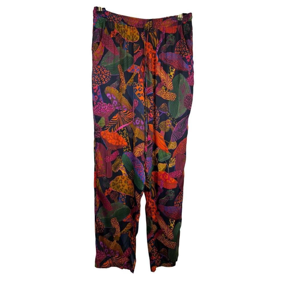 Farm Rio Wild Mushrooms Pajama Pants XL Multi Color Beaded Tassel Drawstring
